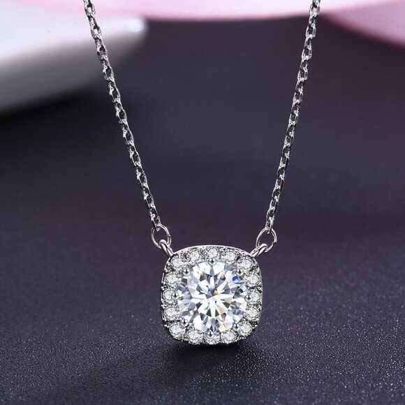 Platinum Plated Cubic Zirconia/Austrian Crystal Cushion Shape Halo Pendant Neckl - Picture 2 of 6
